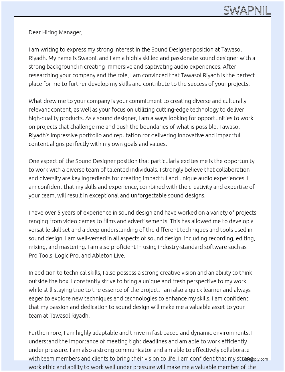 Sound Designer At Tawasol Riyadh  Cover Letter