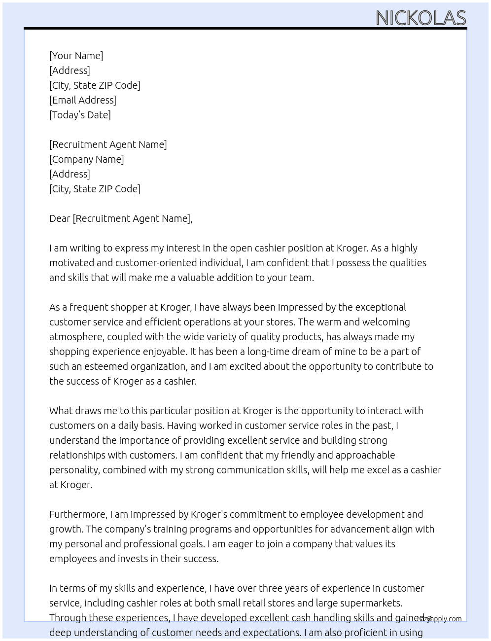 Cashier At Kroger Cover Letter