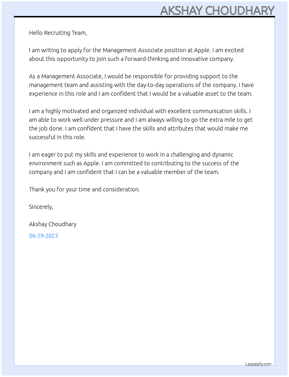 Management associate  At Apple  Cover Letter