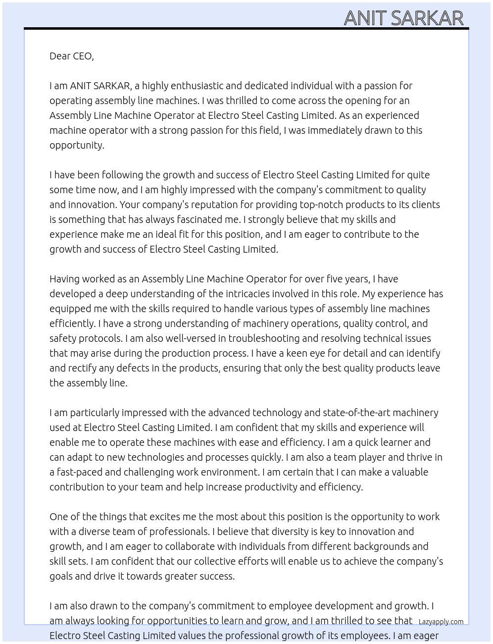 Assembly Line Machine Operator  At Electro Steel Casting Limited  Cover Letter