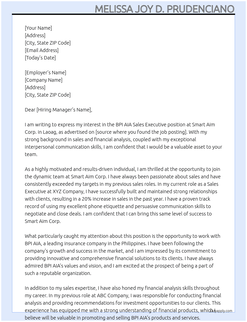 BPI AIA SALES EXECUTIVE At Smart Aim Corp. - Laoag Cover Letter