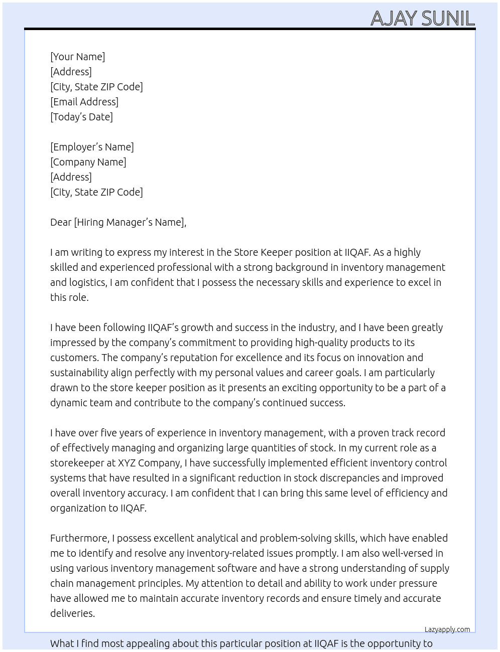 Store keeper  At IIQAF Cover Letter