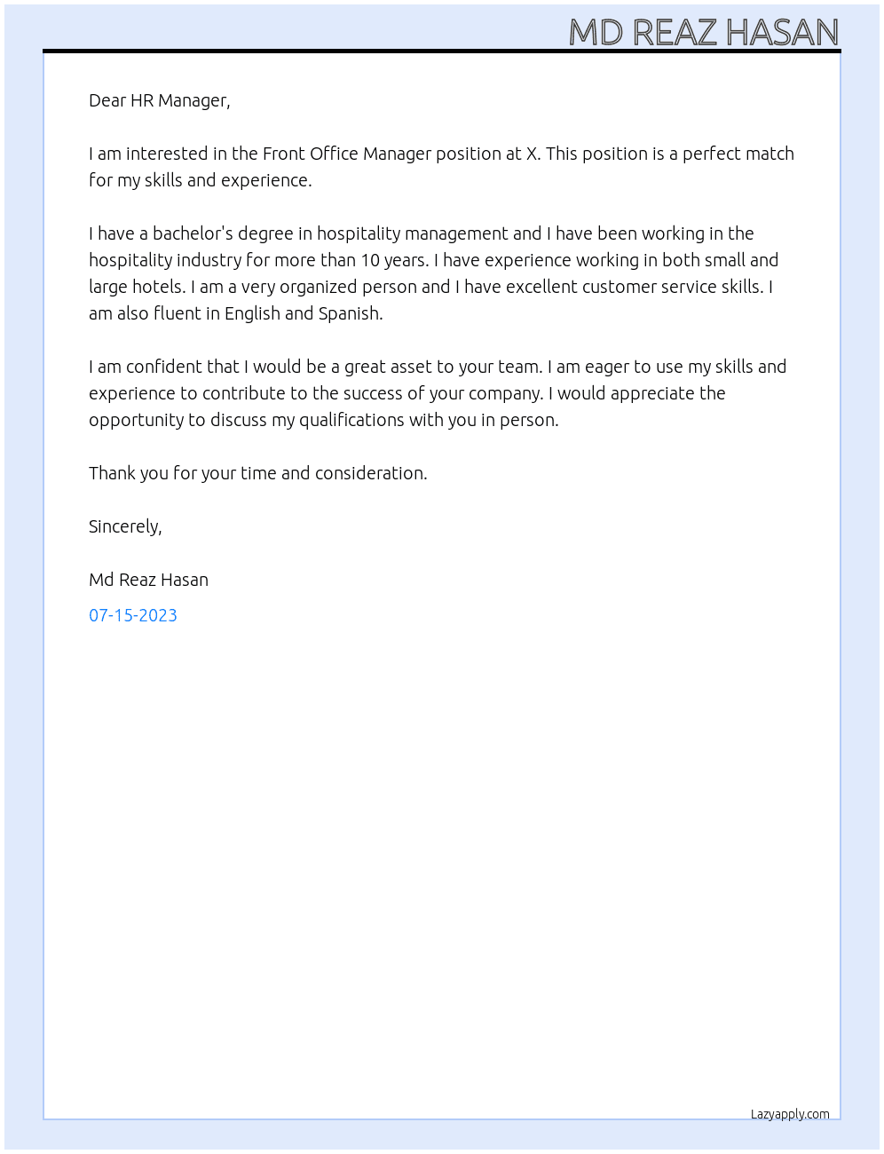 Front Office Manager At X Cover Letter