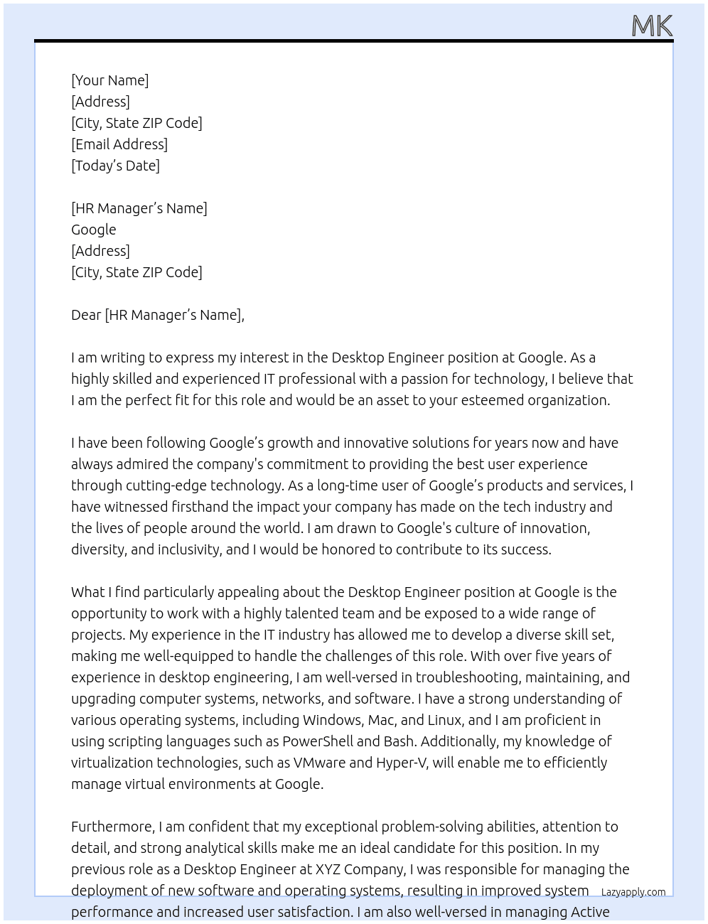 Desktop Engineer At Google Cover Letter