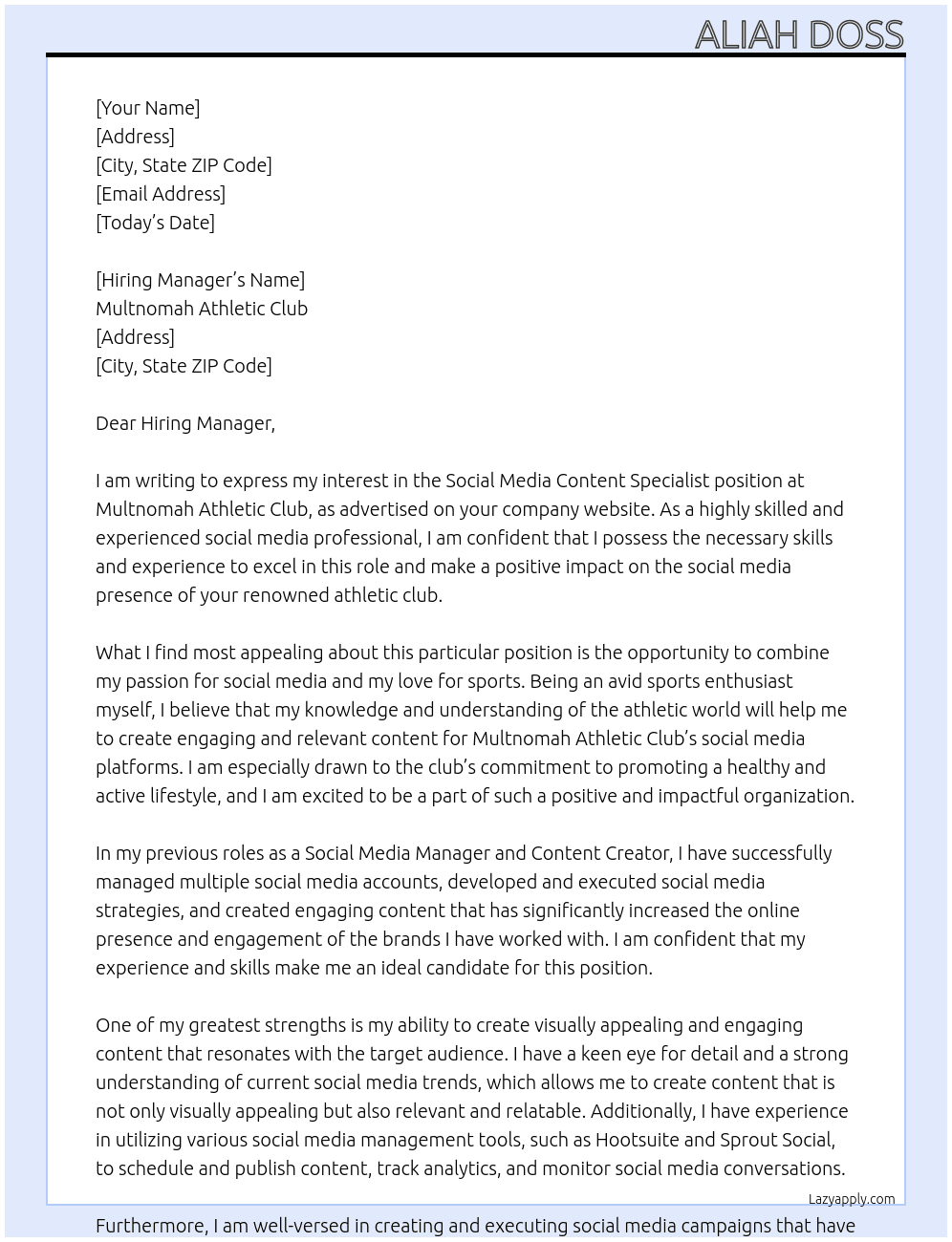 Social Media Content Specialist At Multnomah Athletic Club Cover Letter