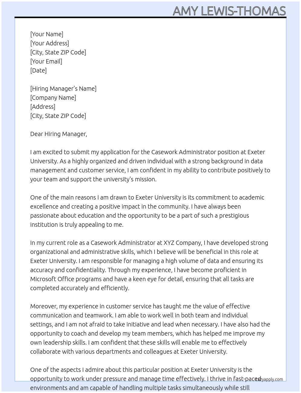 Casework Administrator At Exeter University Cover Letter