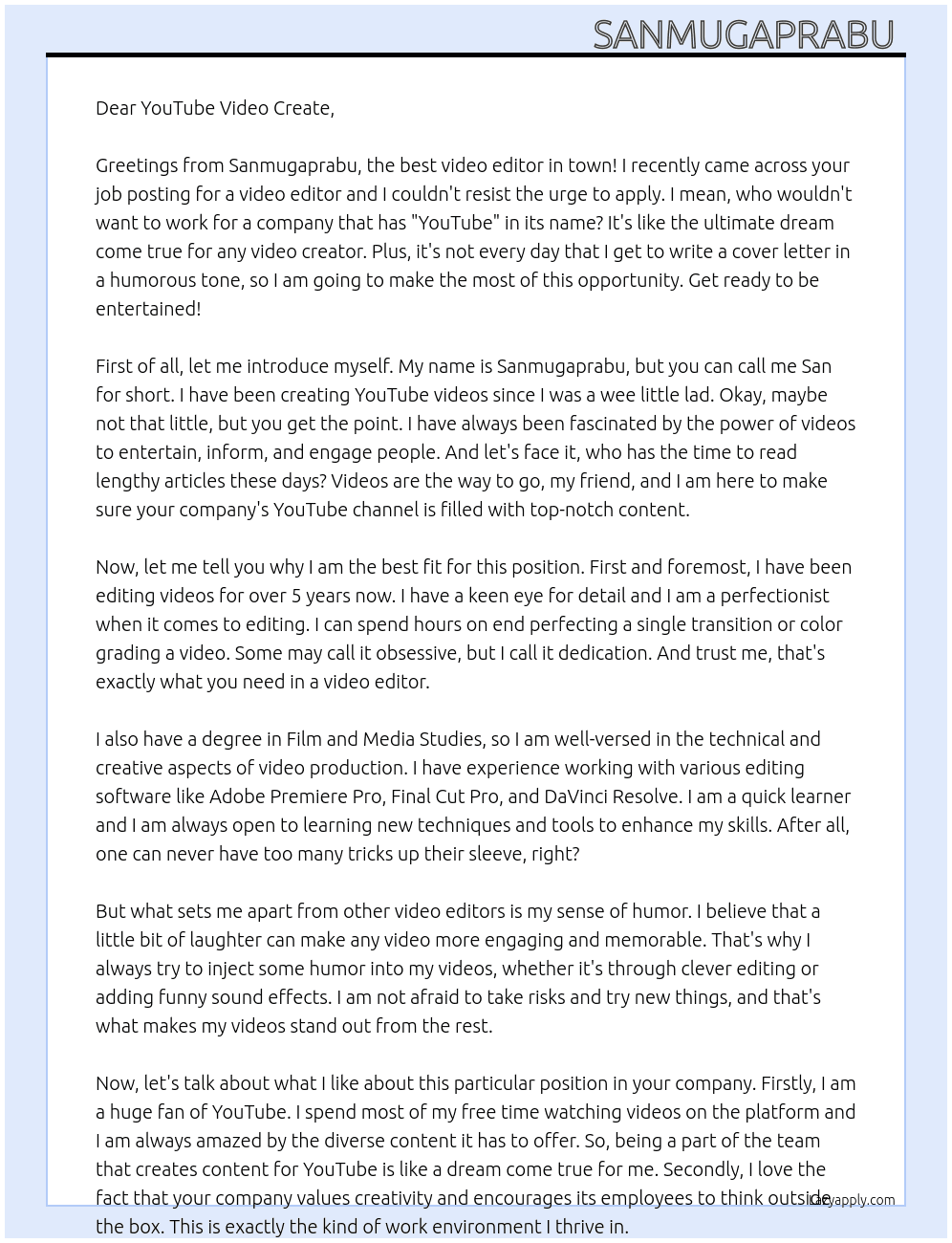 Video editor  At YouTube video create Cover Letter