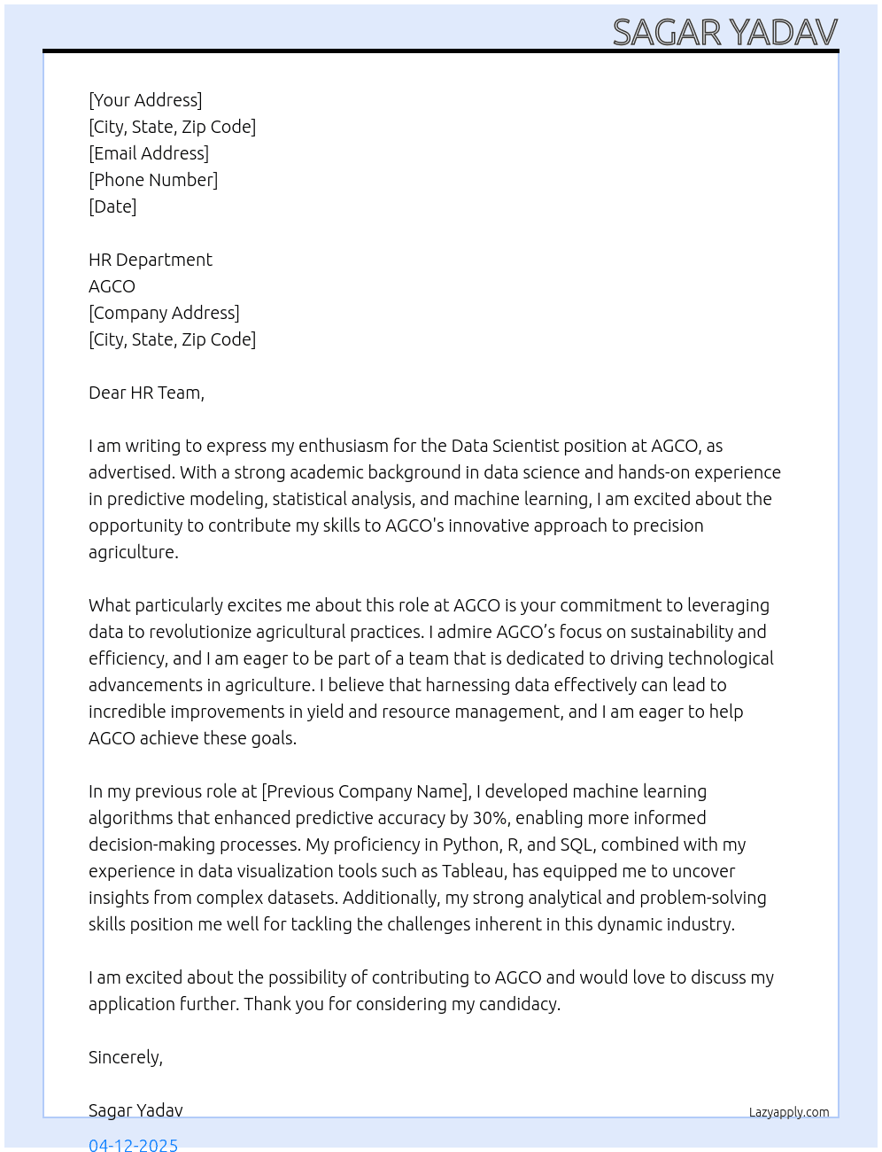 Data scientist  At AGCO Cover Letter