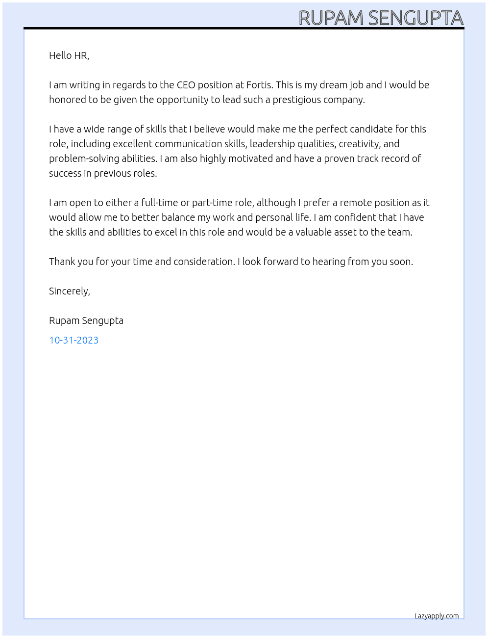 My dream job CEO At Fortis Cover Letter