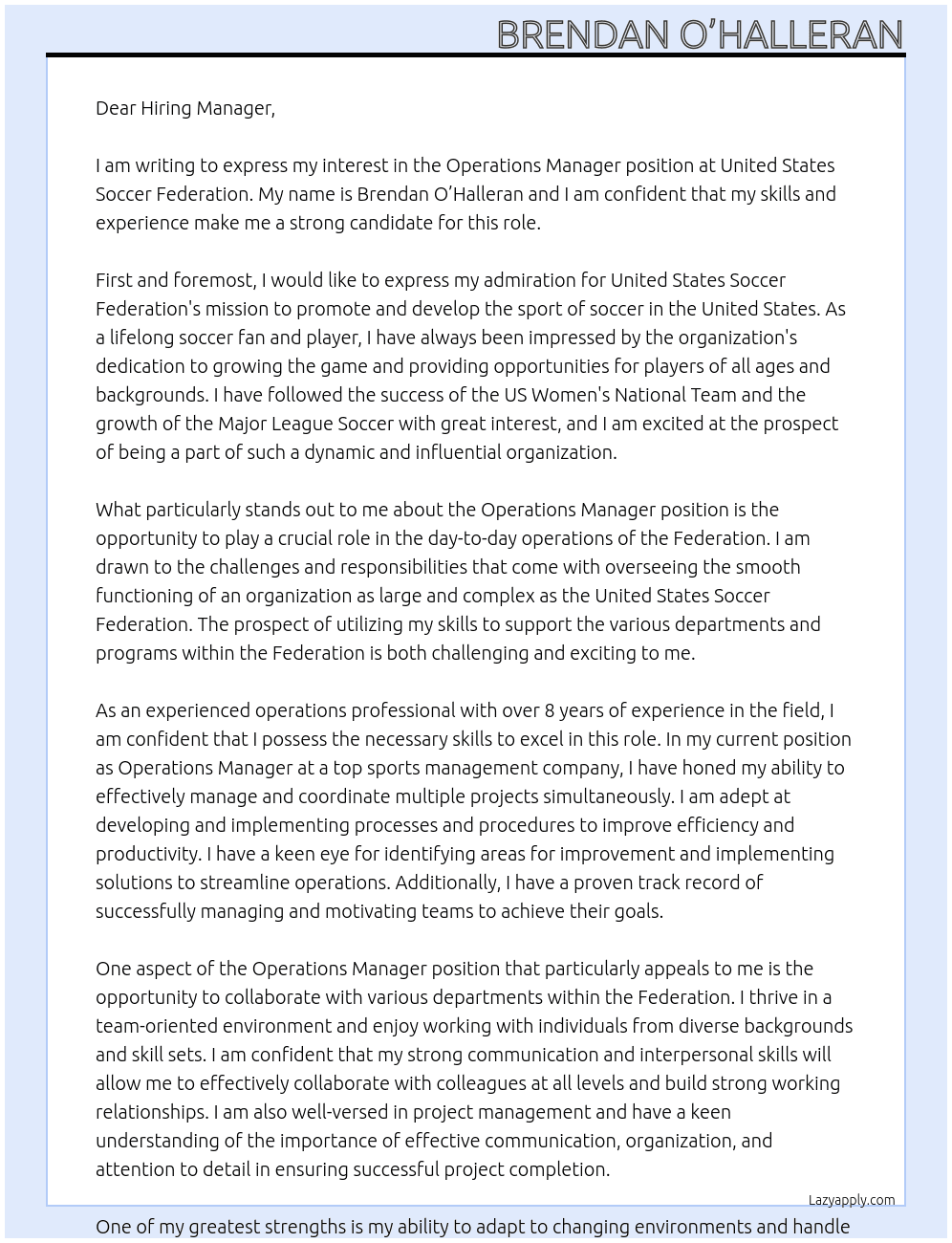 Operations Manager At United States Soccer Federation  Cover Letter