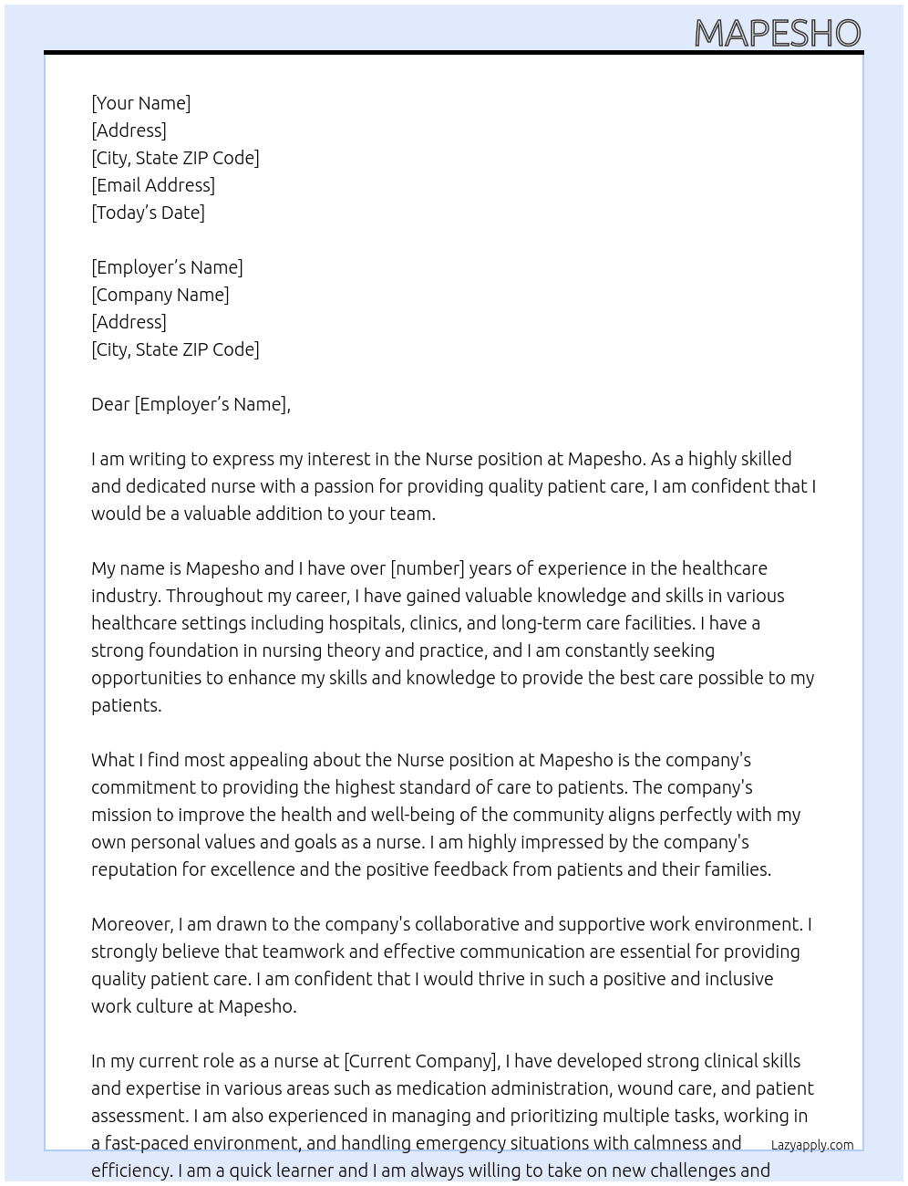 nurse At Mapesho Cover Letter