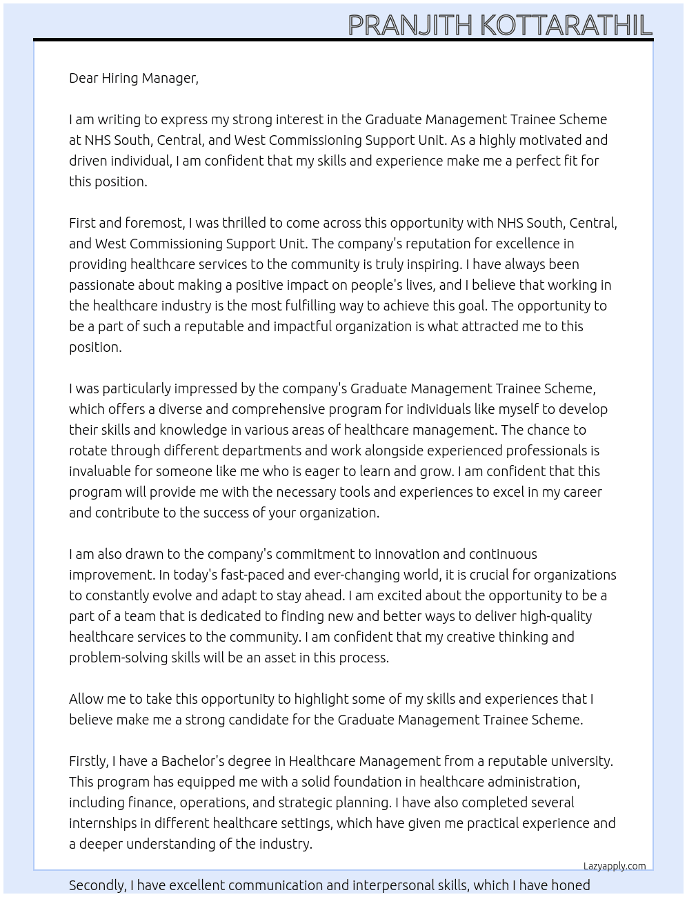 Graduate Management Trainee Scheme At NHS South, Central and West Commissioning Support Unit Cover Letter