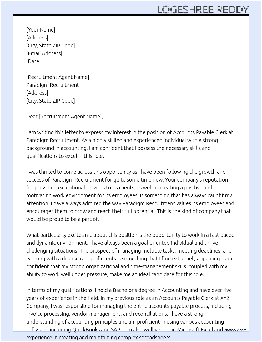 Accounts Payable Clerk At Paradigm Recruitment Cover Letter