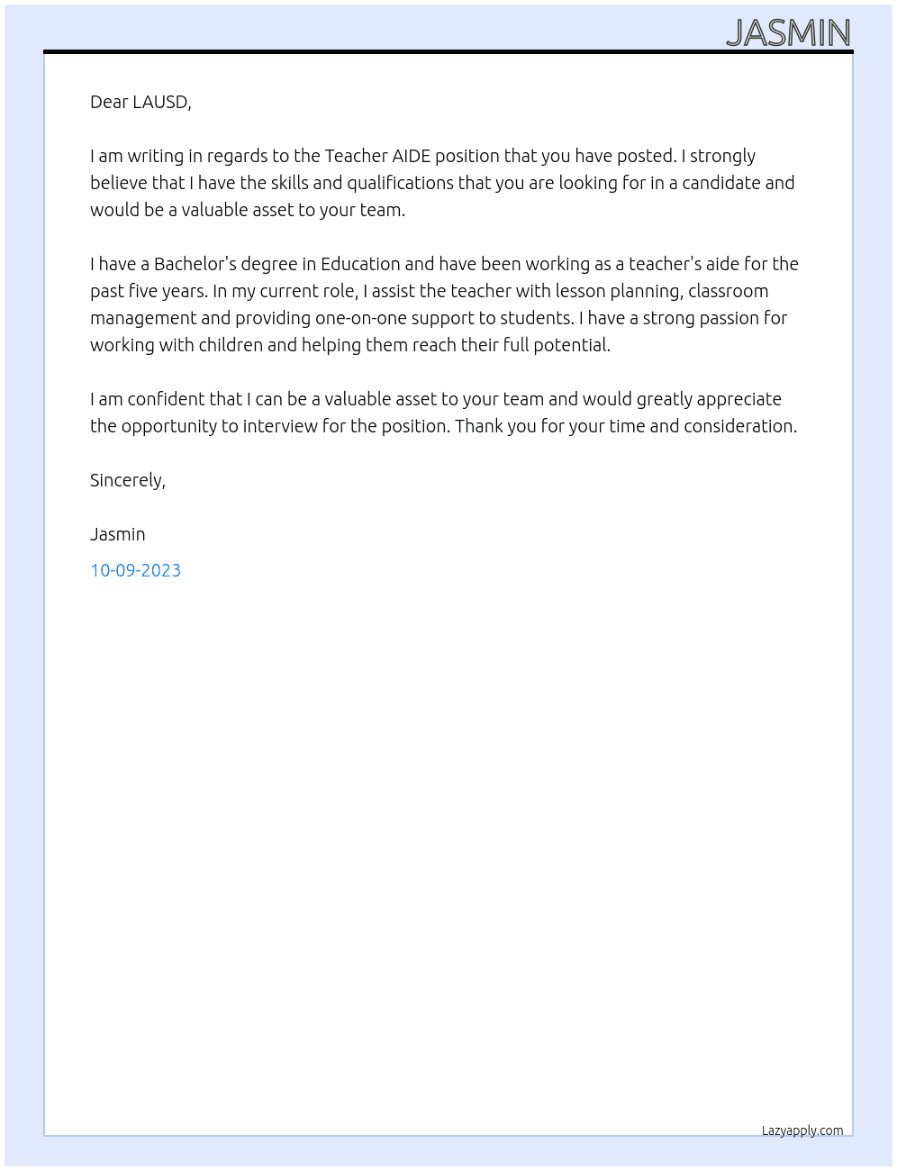 Teacher AIDE At LAUSD Cover Letter