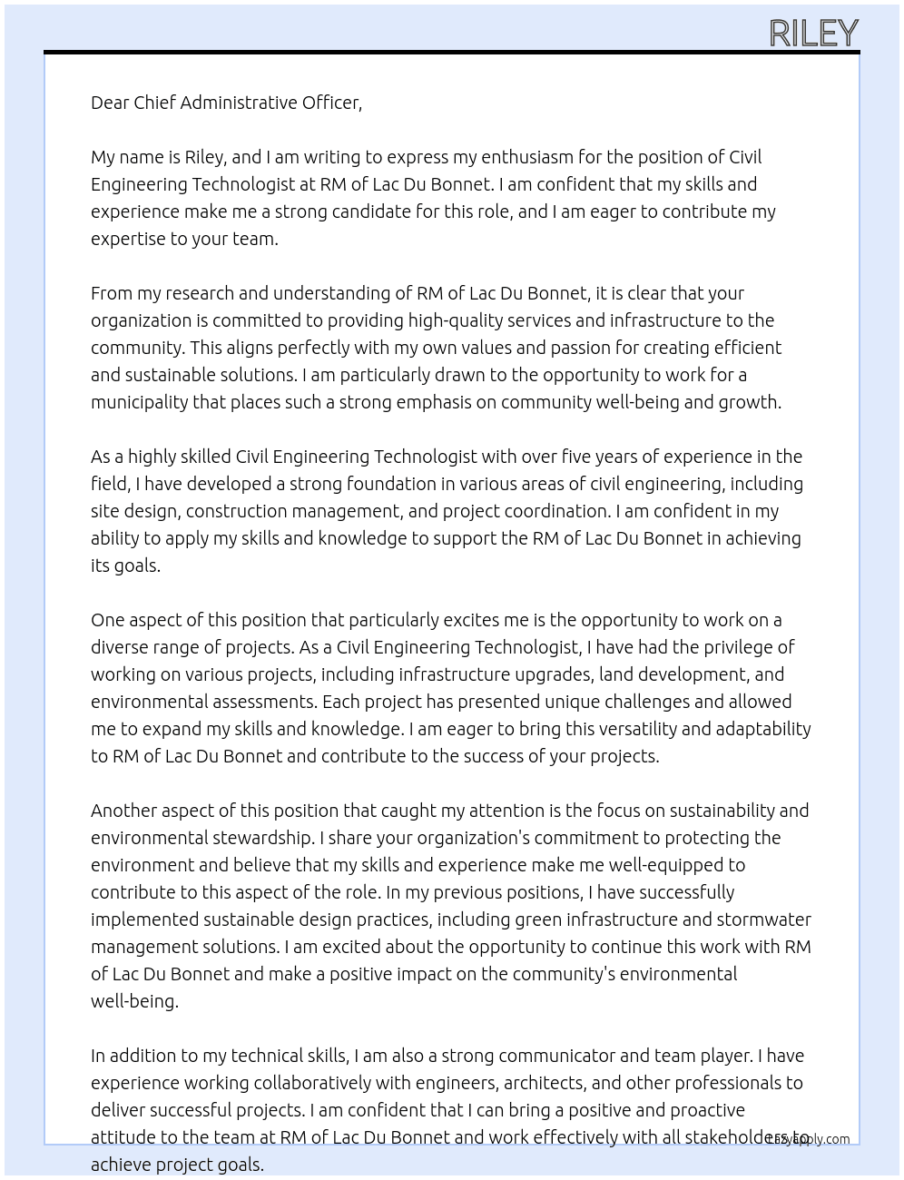 Civil Engineering Technologist At RM of Lac Du Bonnet Cover Letter