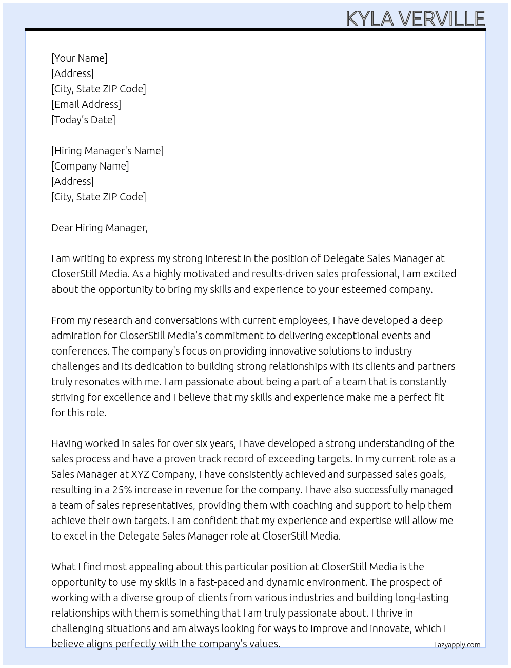 Delegate Sales Manager  At CloserStill Media Cover Letter