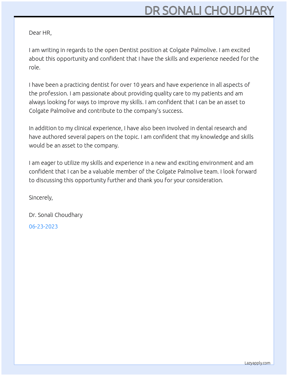 Dentist At Colgate palmolive Cover Letter