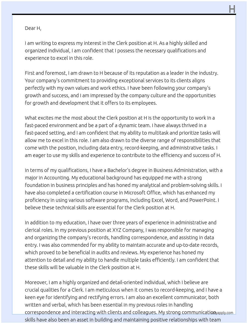 Clerk At H Cover Letter