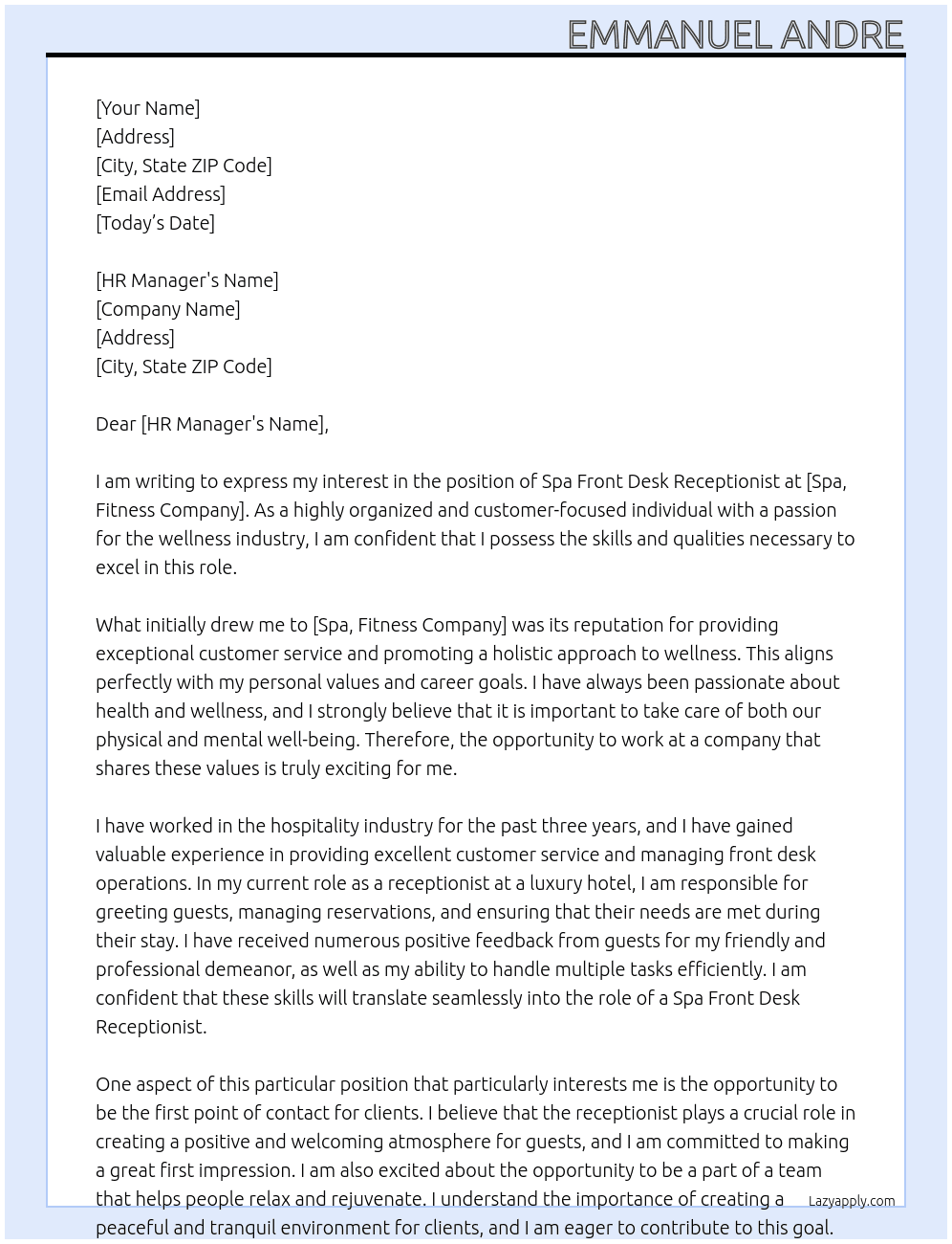 spa front desk receptionist At spa,fitness company Cover Letter