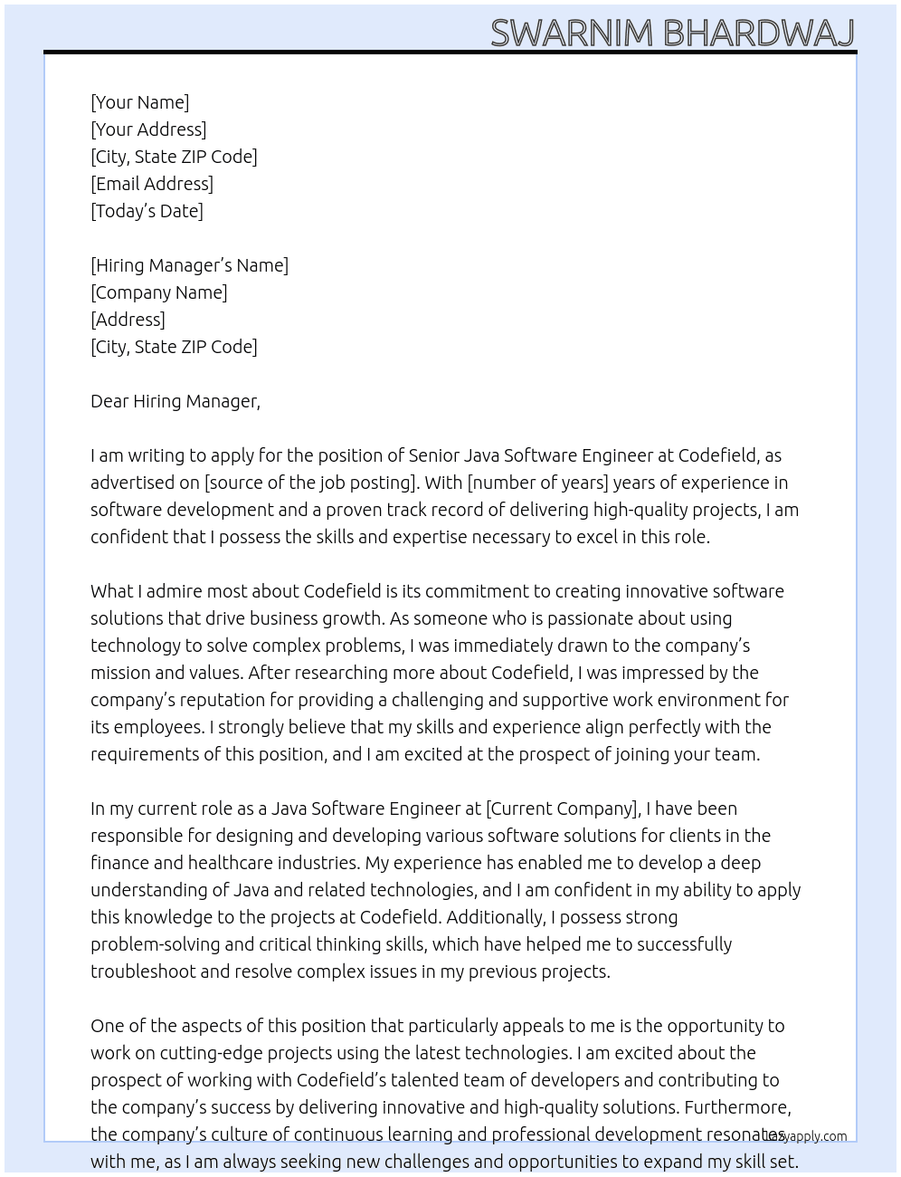 Cover letter for senior java software engineer - LazyApply