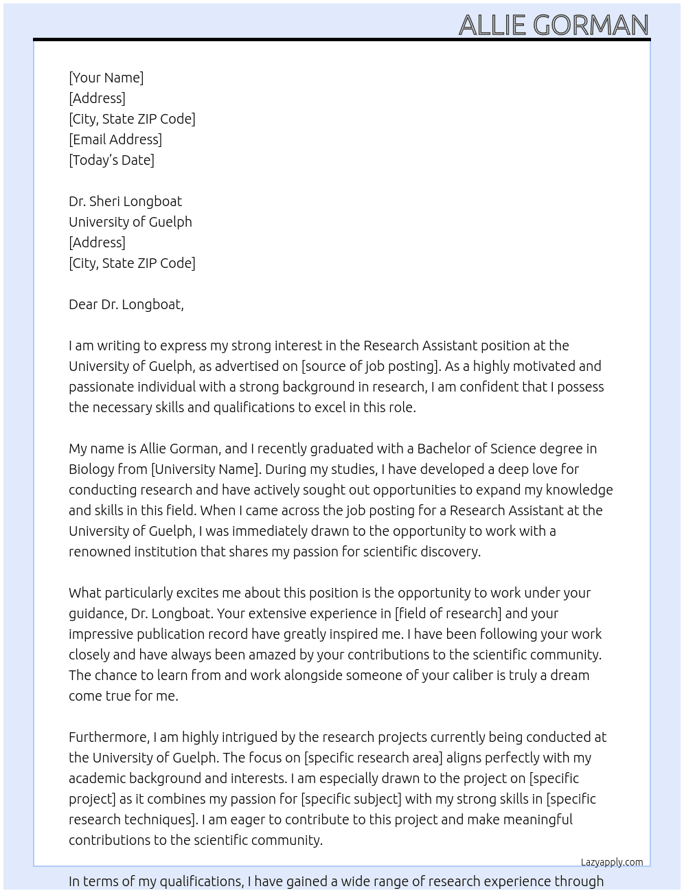 Research Assistant At University of Guelph Cover Letter