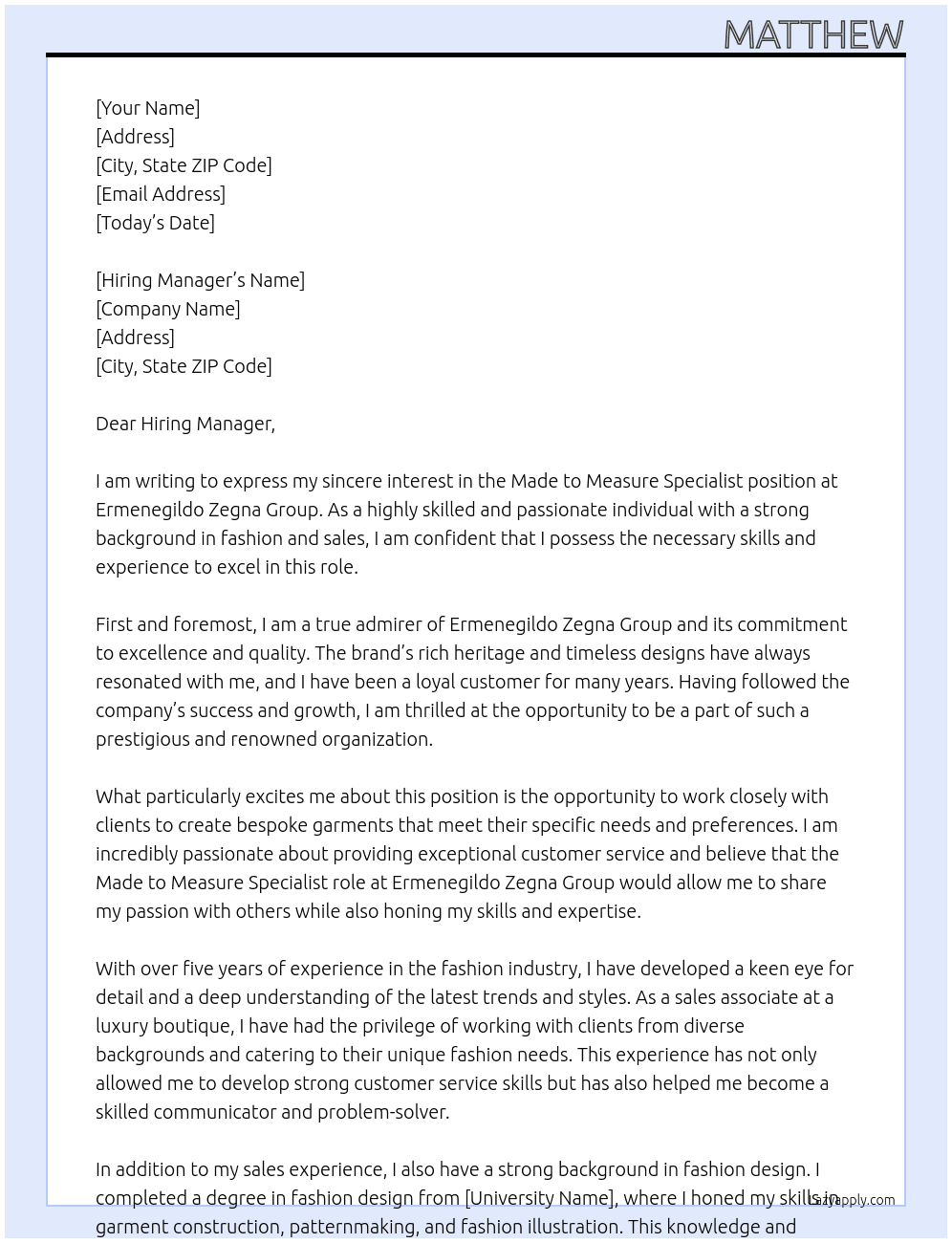 Made to Measure Specialist At Ermenegildo Zegna Group Cover Letter