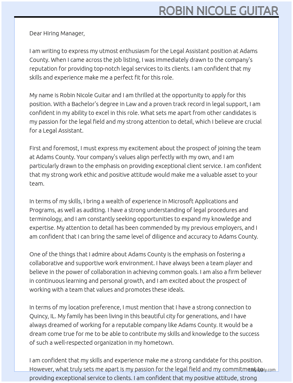 Legal Assistant At Adam's County Cover Letter