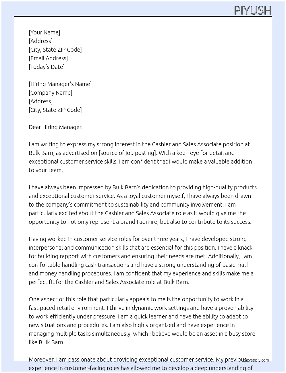 Cashier and sales associate  At Bulk Barn Cover Letter
