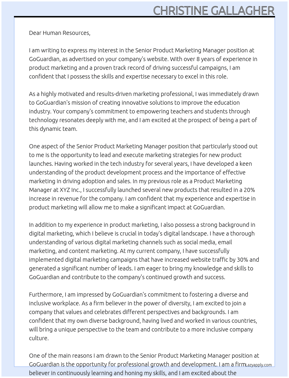 Senior Product Marketing Manager At GoGuardian Cover Letter