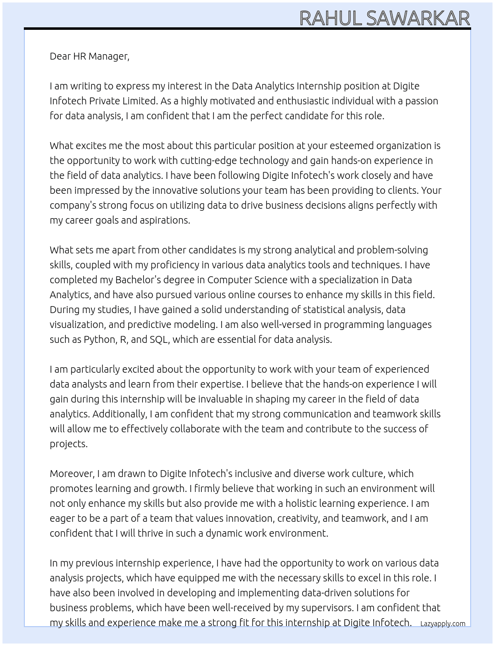 Data Analytics internship At Digite Infotech Private Limited Cover Letter
