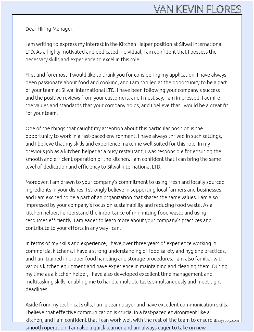 Kitchen Helper At Silwal International LTD. Cover Letter