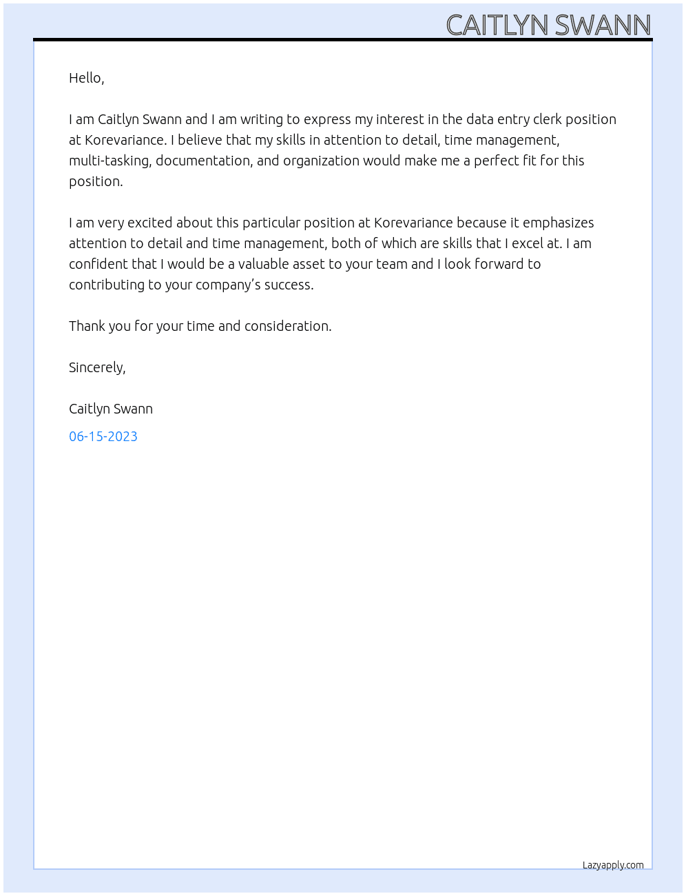 data entry clerk At Korevariance Cover Letter