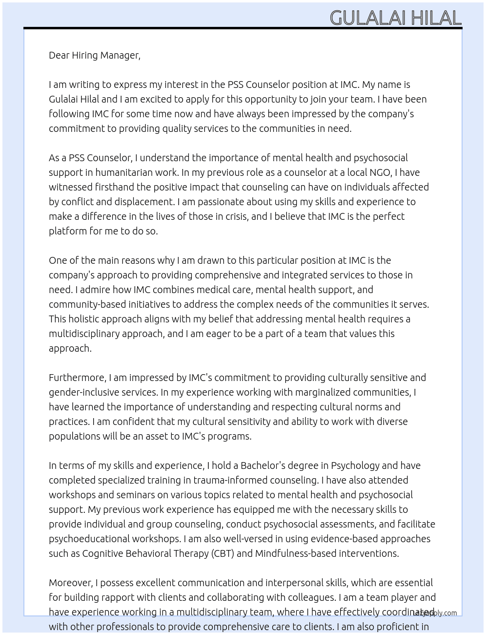 PSS Counselor At IMC Cover Letter
