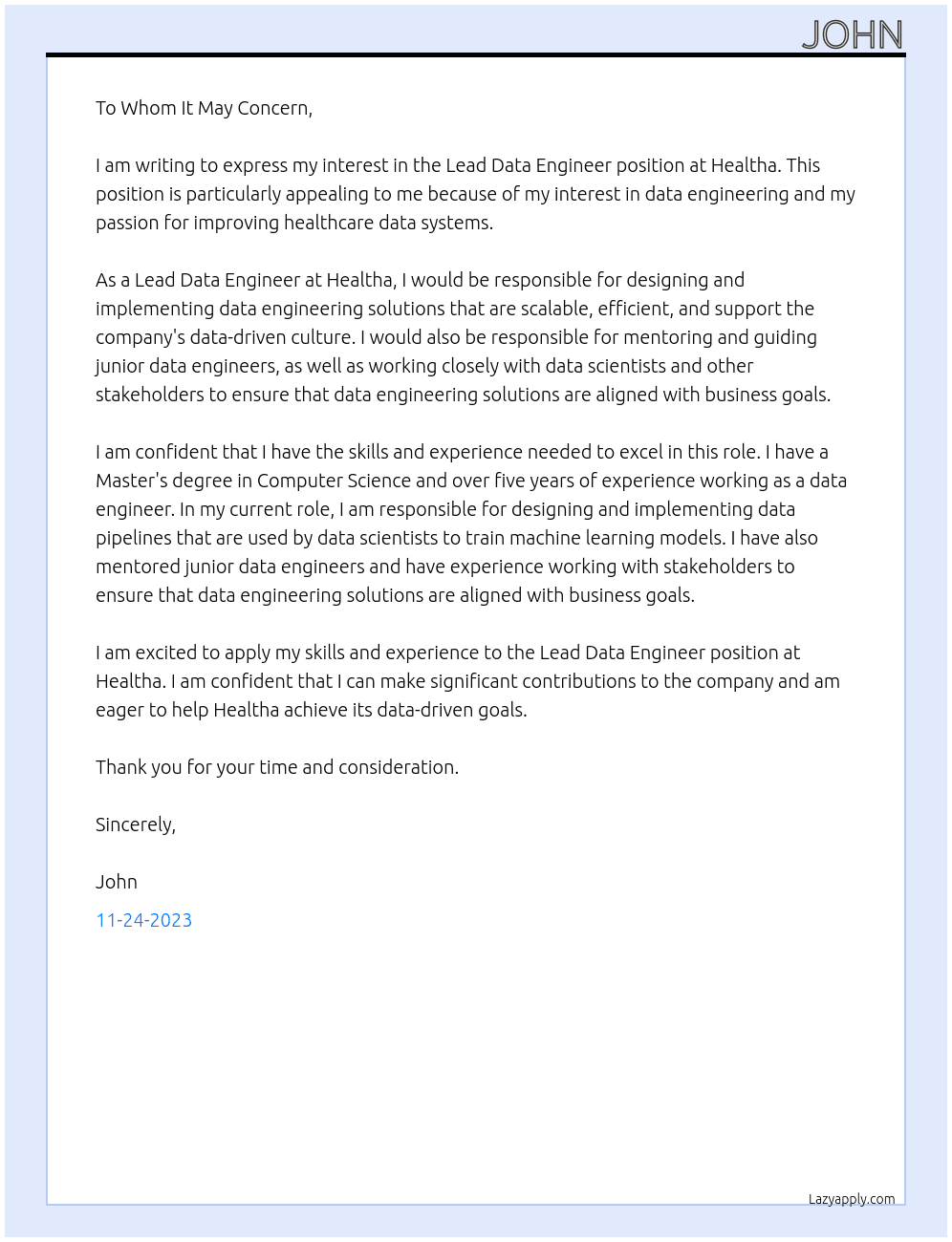 Lead Data Engineer At Healtha Cover Letter