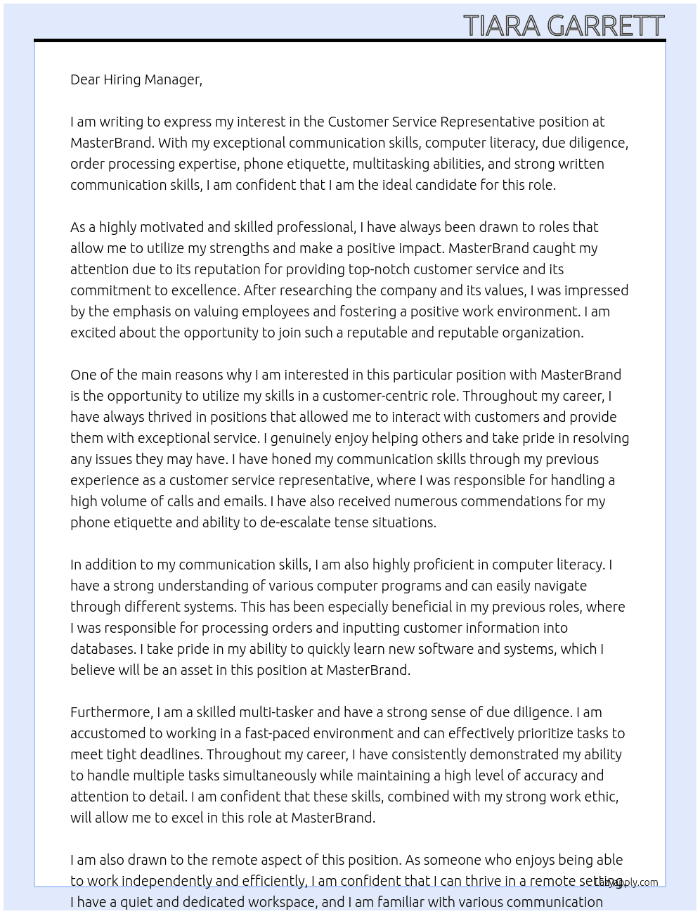 Customer Service Representative At MasterBrand Cover Letter