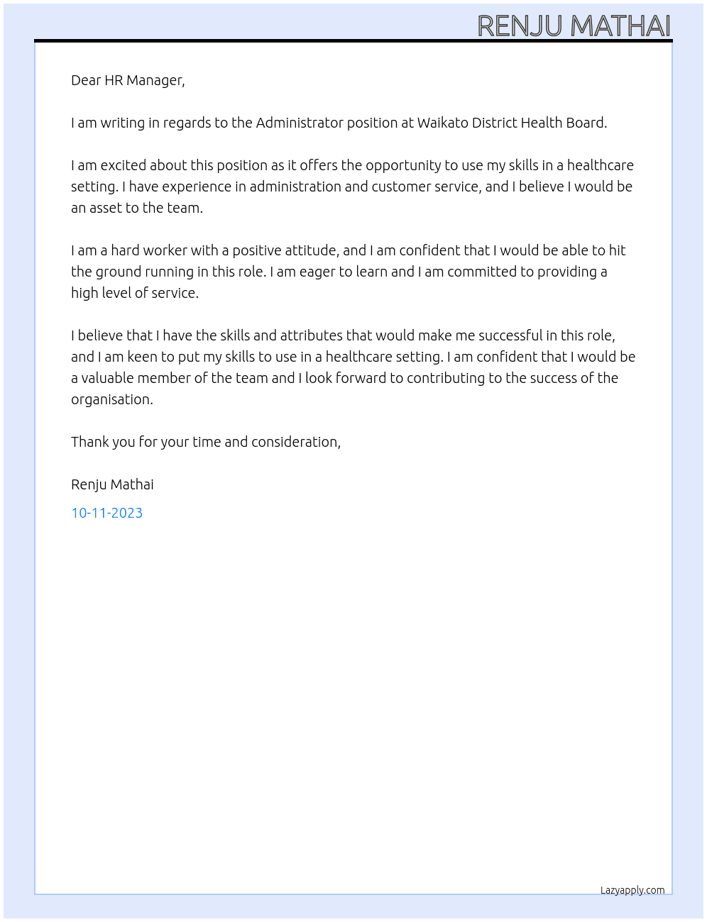 Administrator  At Waikato District Health Board Cover Letter