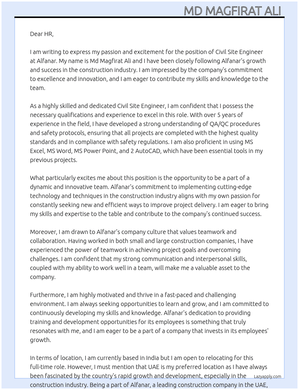 Civil Site Engineer  At Alfanar Cover Letter