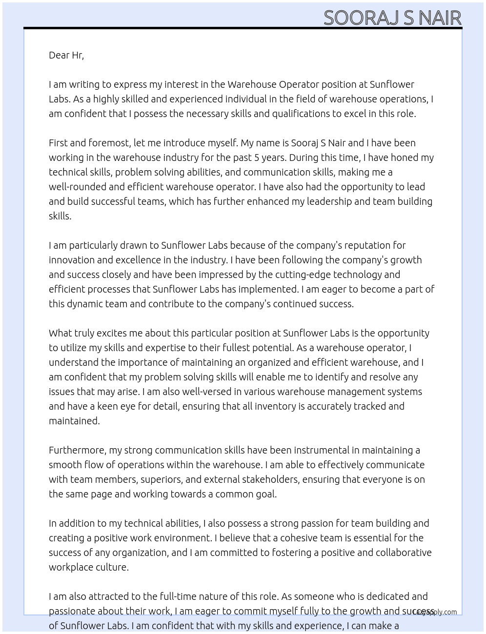 Warehouse Operator  At Sunflower Labs Cover Letter