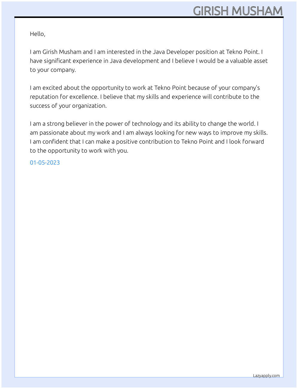 Java Developer  At Tekno point Cover Letter