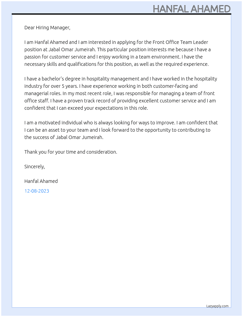 Front Office Team Leader At Jabal Omar Jumeirah Cover Letter