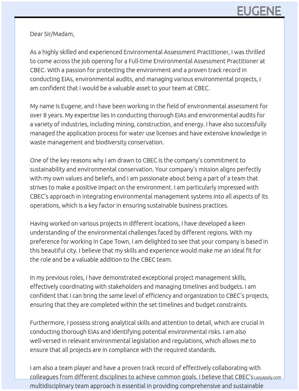 Environmental Assessment Practitioner  At CBEC Cover Letter