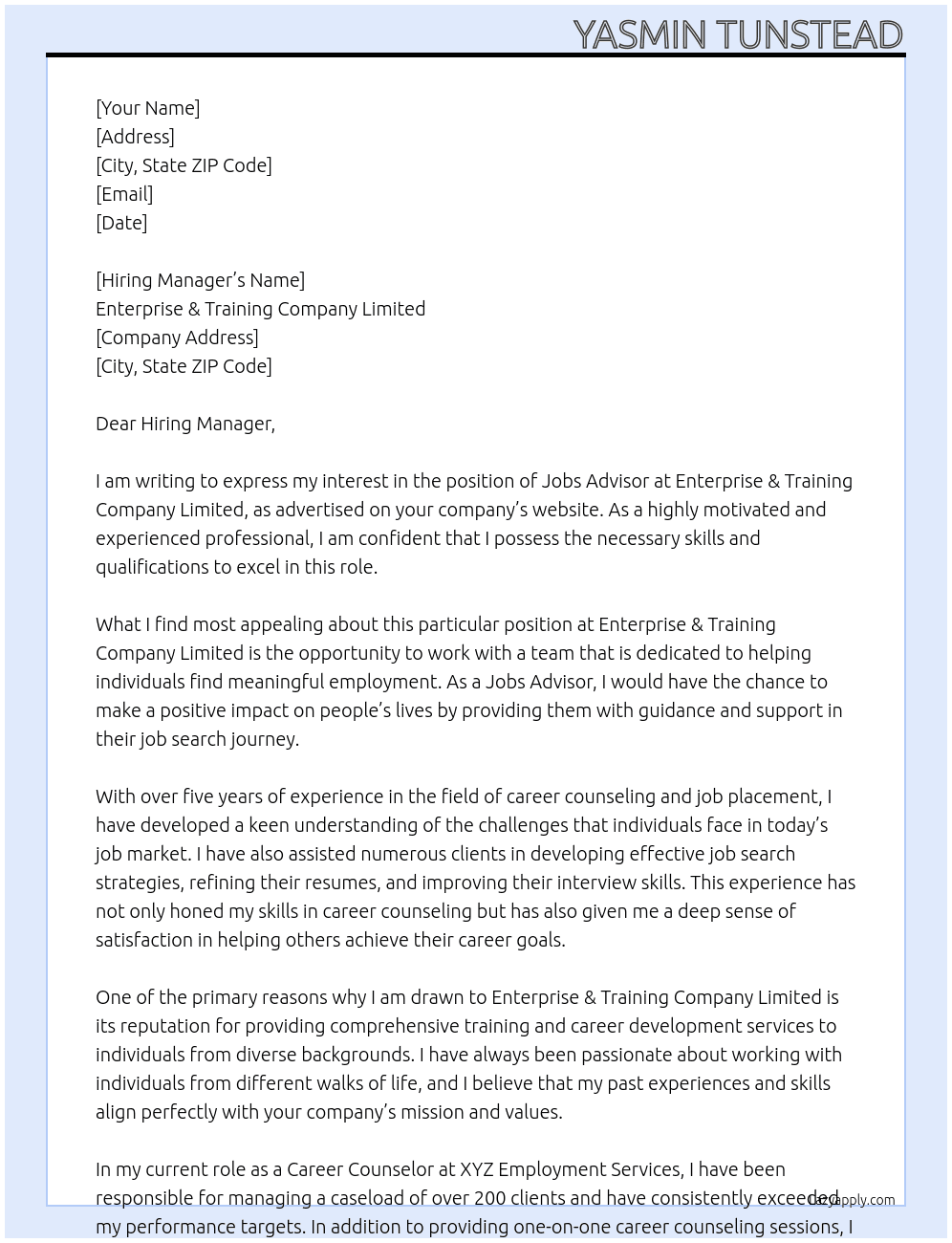Jobs Advisor At Enterprise & Training Company Limited Cover Letter