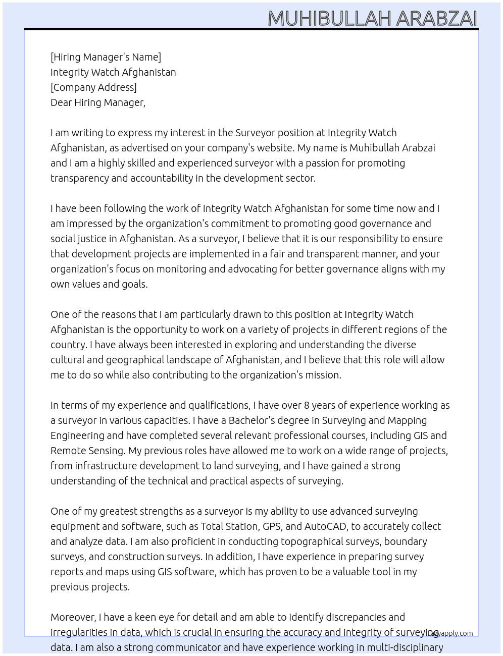 Surveyor At Integrity Watch Afghanistan Cover Letter