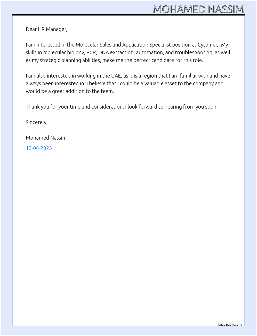 Molecular Sales and Application Specialist At Cytomed Cover Letter