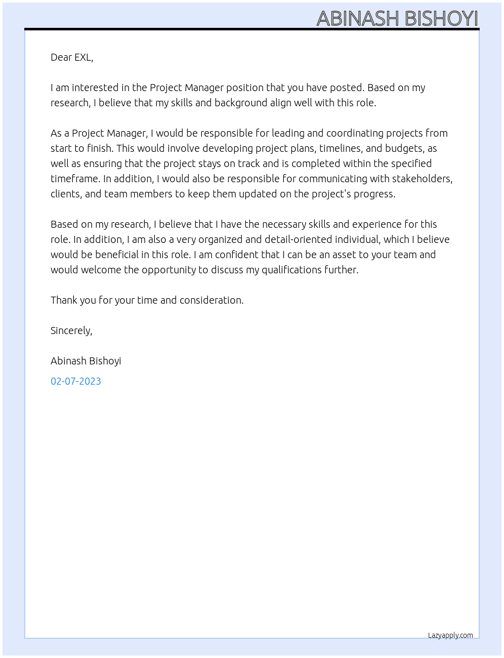 Project Manager At EXL Cover Letter