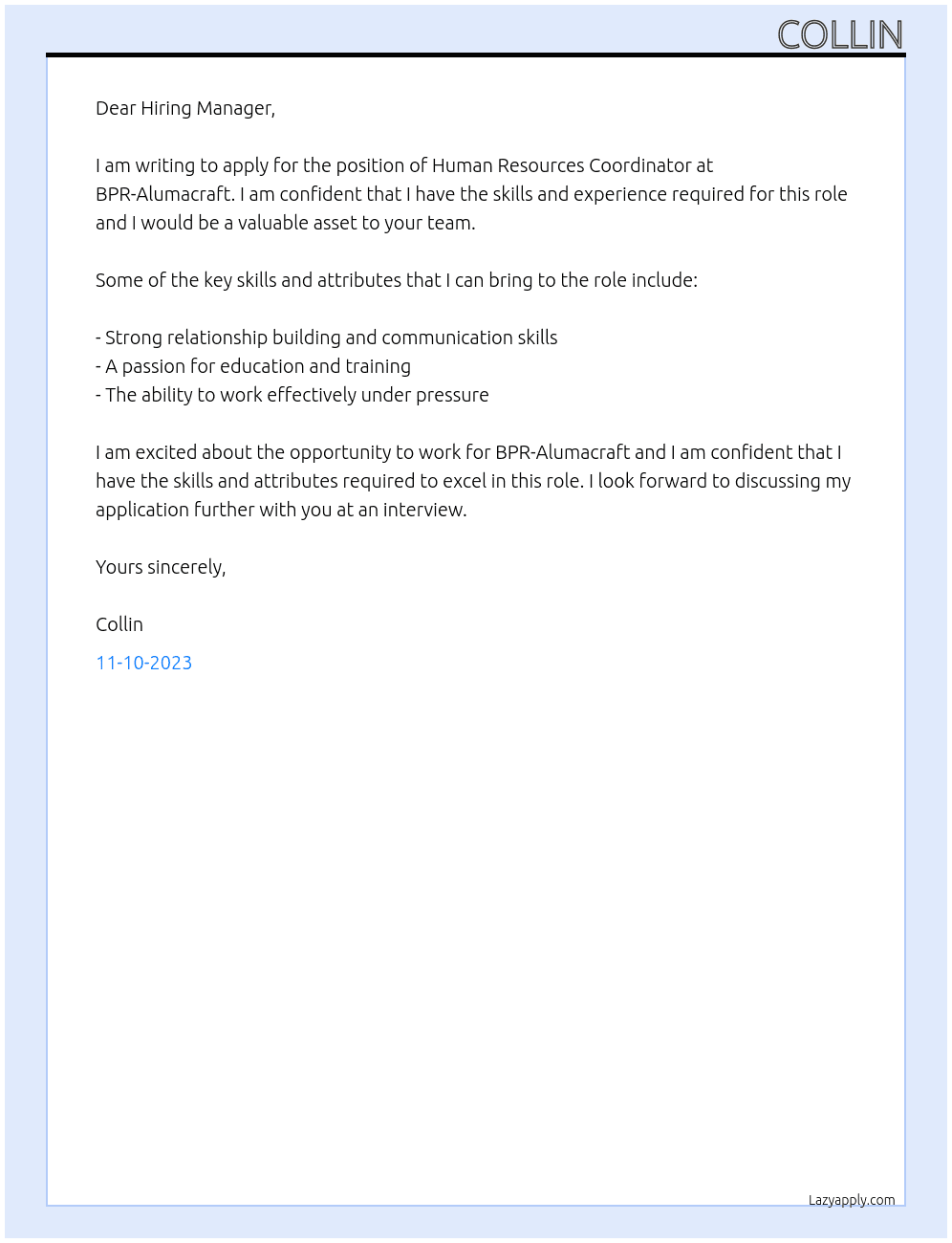 Human Resources Coordinator At BPR-Alumacraft Cover Letter