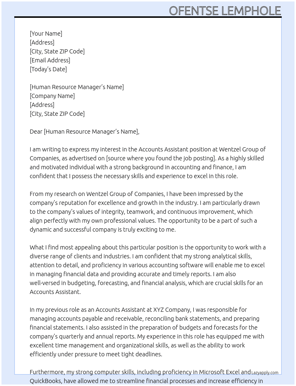 Accounts Assistant At Wentzel Group of Companies Cover Letter