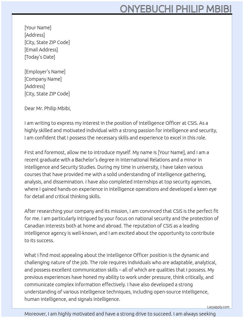 intelligence office At CSIS Cover Letter