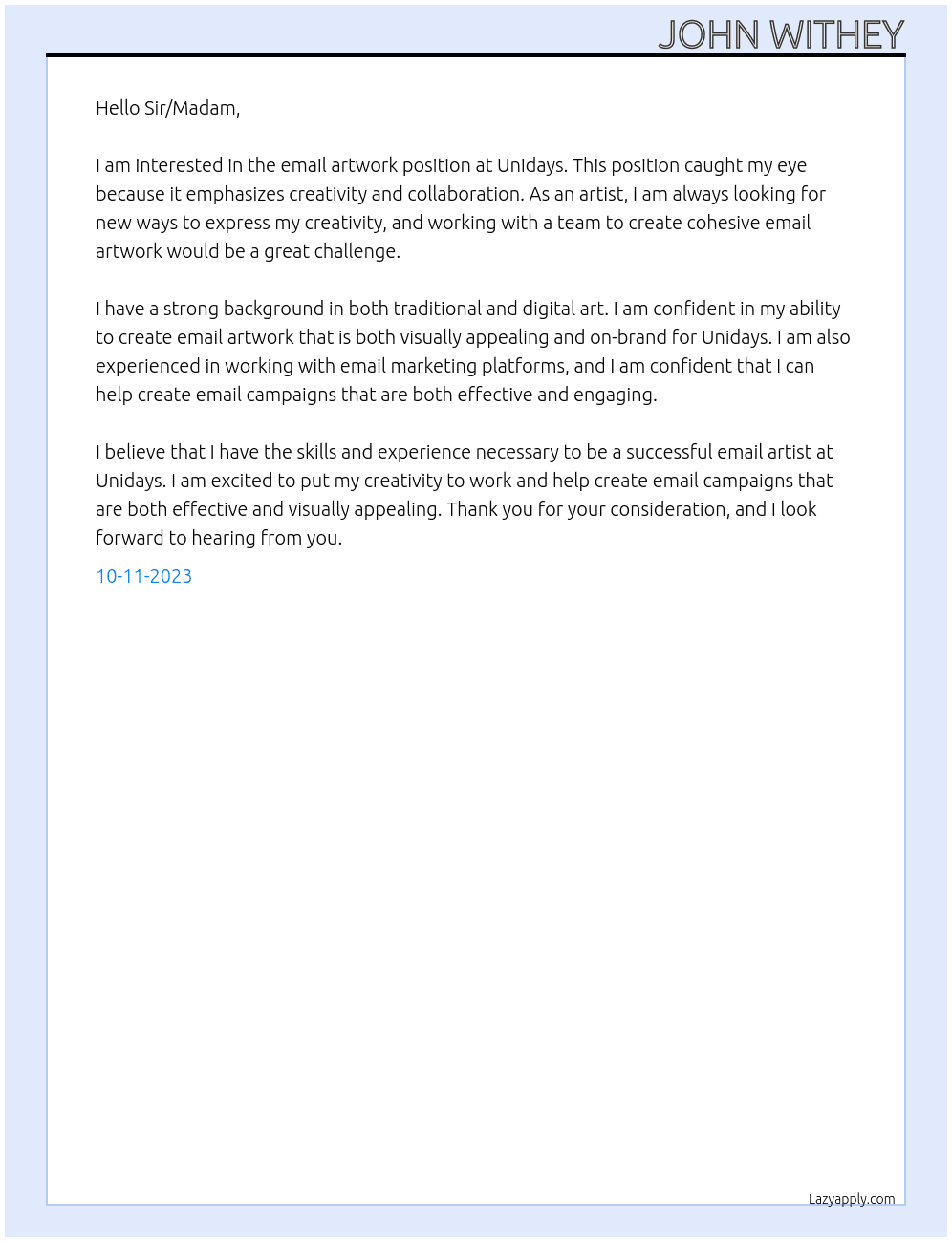 Email Artworker At Unidays Cover Letter
