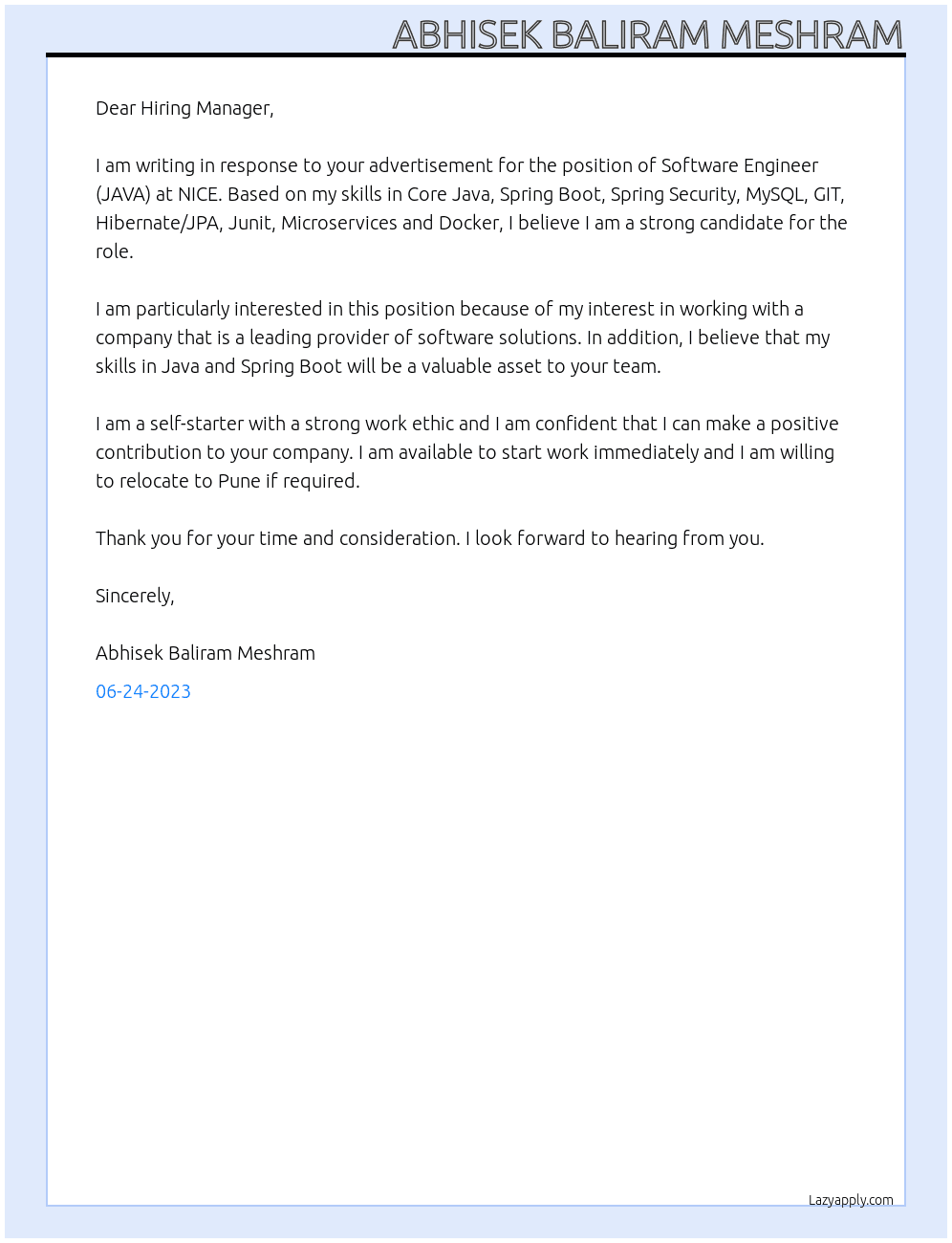 Software Engineer (JAVA) At NICE Cover Letter